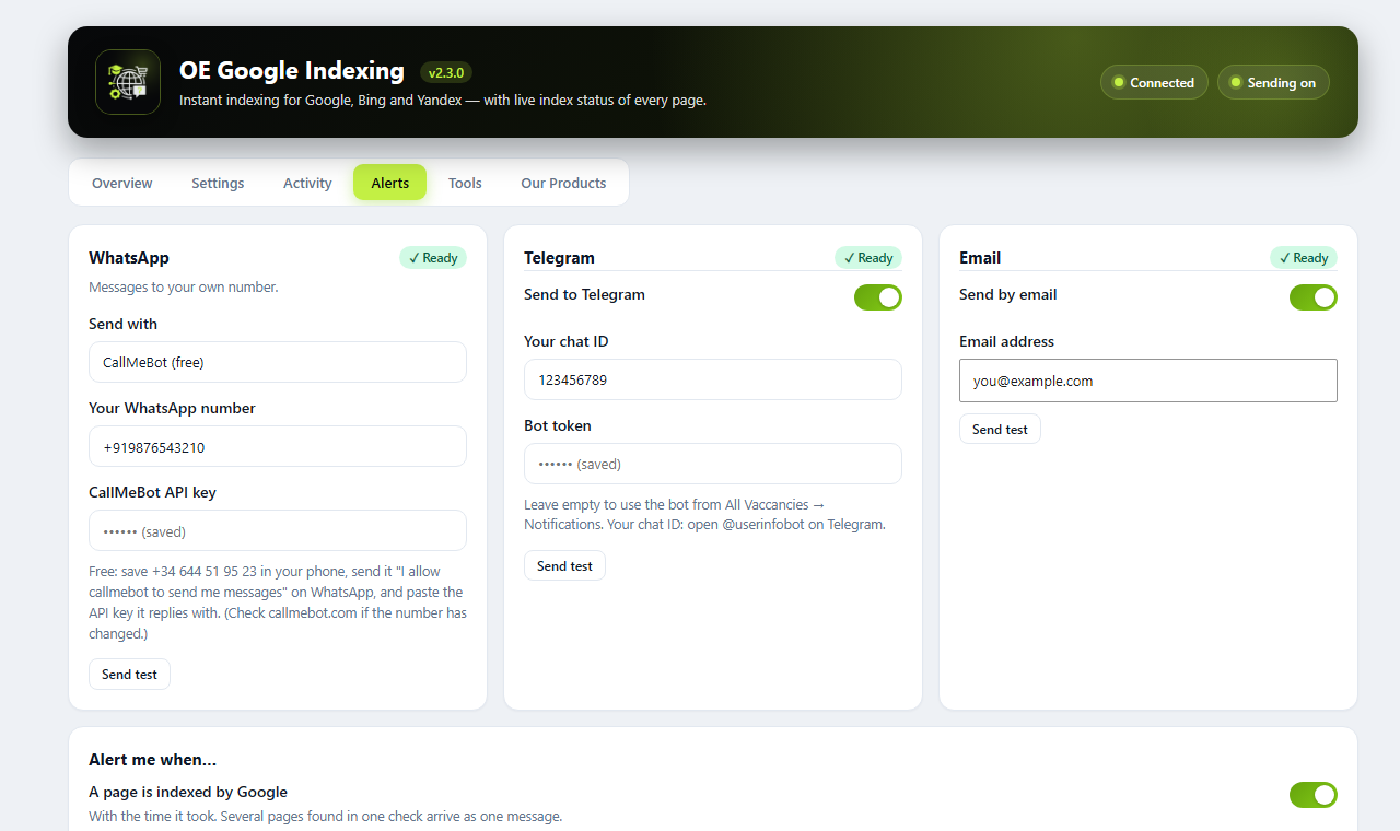 Alerts tab: WhatsApp, Telegram and email notifications