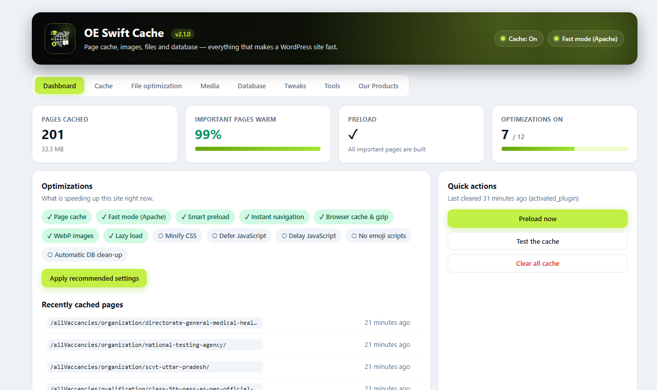 OE Swift Cache dashboard: pages cached, warm-up progress and active optimizations